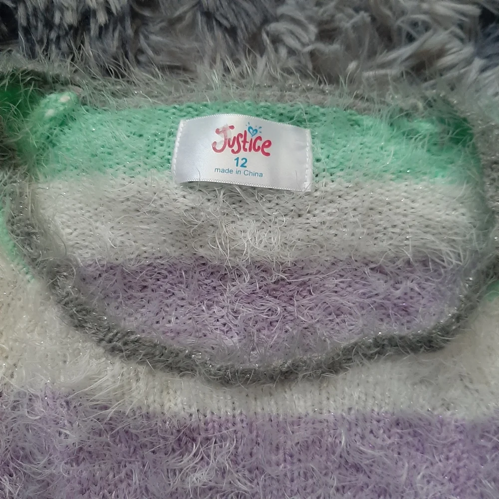 Justice Fuzzy Stripe Colorful Cozy Sweater girls size 12
